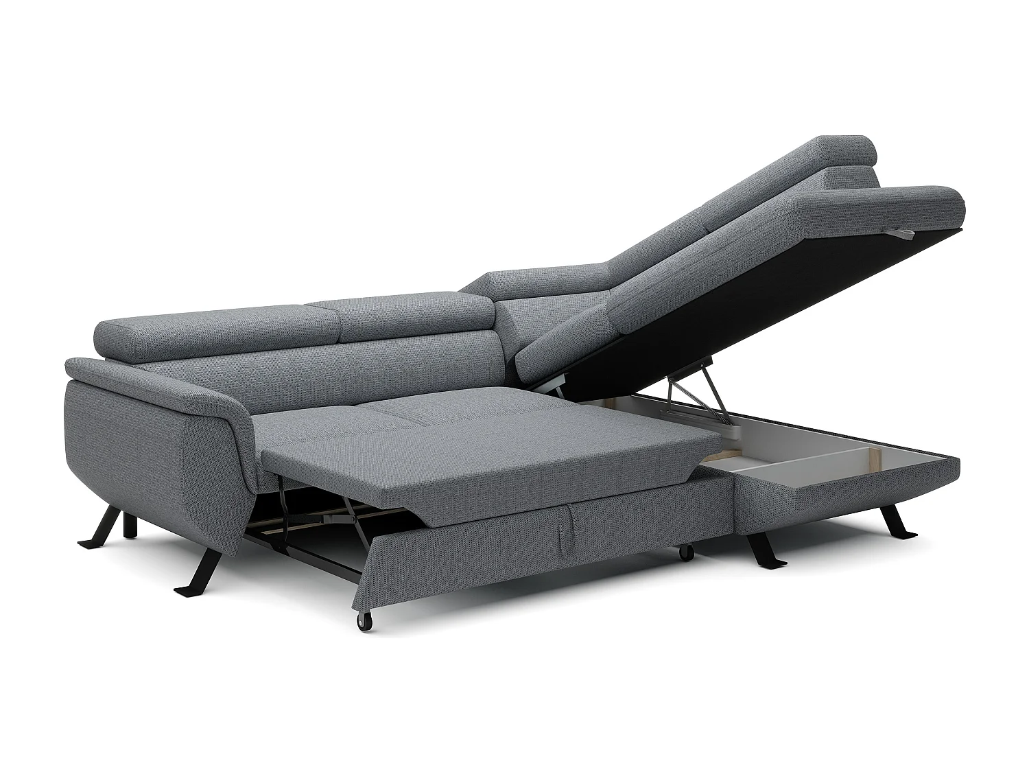 Canapé RAVEN L avec fonction de couchage, compartiment à literie, indépendant, rembourré avec têtières réglables 257x198x96 cm Côté droit Gris