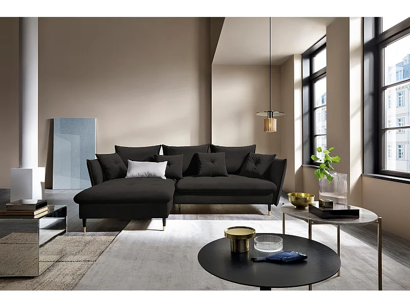 Canapé d'angle GLAM convertible, ottomane & pieds dorés – canapé en velours style glamour avec coussins déco, 258x167x91 cm, côté gauche NOIR