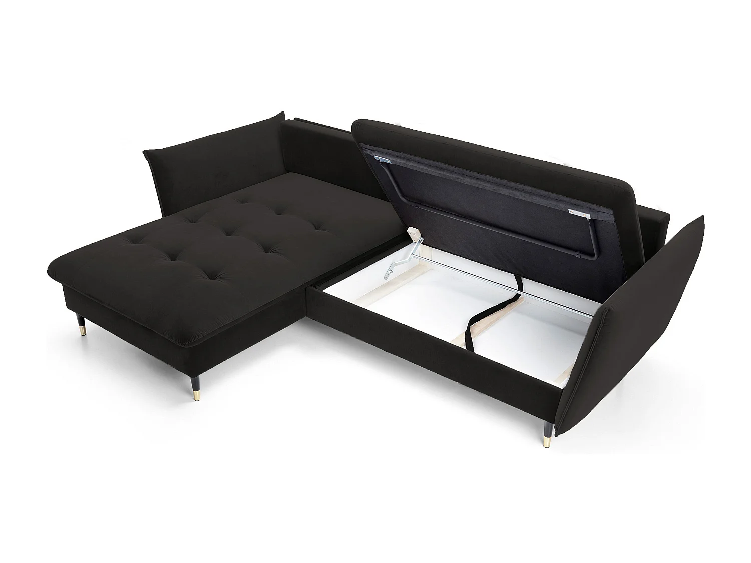 Hoekbank GLAM met slaapfunctie, ottomane & gouden poten – fluwelen bank in glamstijl met sierkussens, 258x167x91cm, Linkerkant ZWART