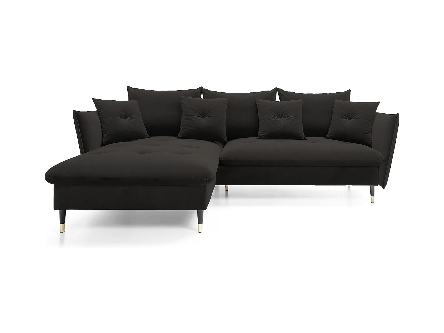 Canapé d'angle GLAM convertible, ottomane & pieds dorés – canapé en velours style glamour avec coussins déco, 258x167x91 cm, côté gauche NOIR