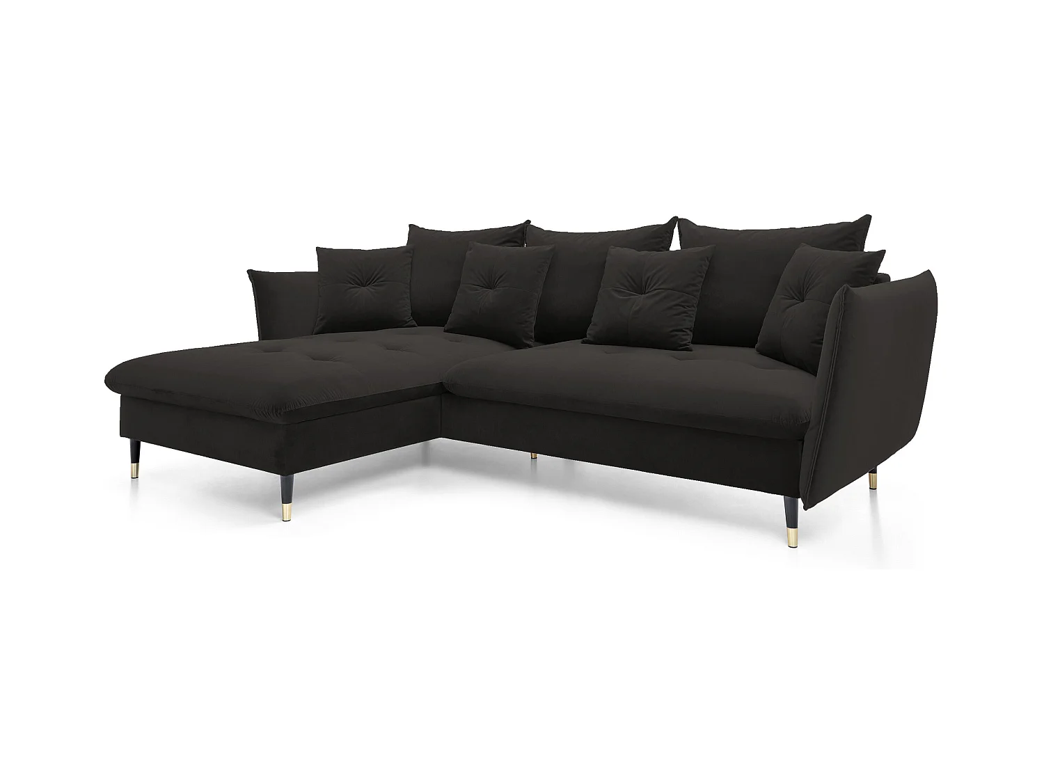Canapé d'angle GLAM convertible, ottomane & pieds dorés – canapé en velours style glamour avec coussins déco, 258x167x91 cm, côté gauche NOIR