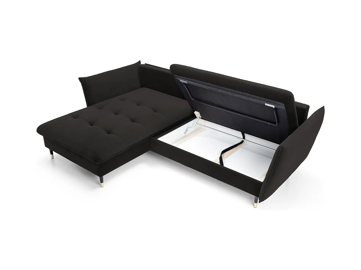 Canapé d'angle GLAM convertible, ottomane & pieds dorés – canapé en velours style glamour avec coussins déco, 258x167x91 cm, côté gauche NOIR