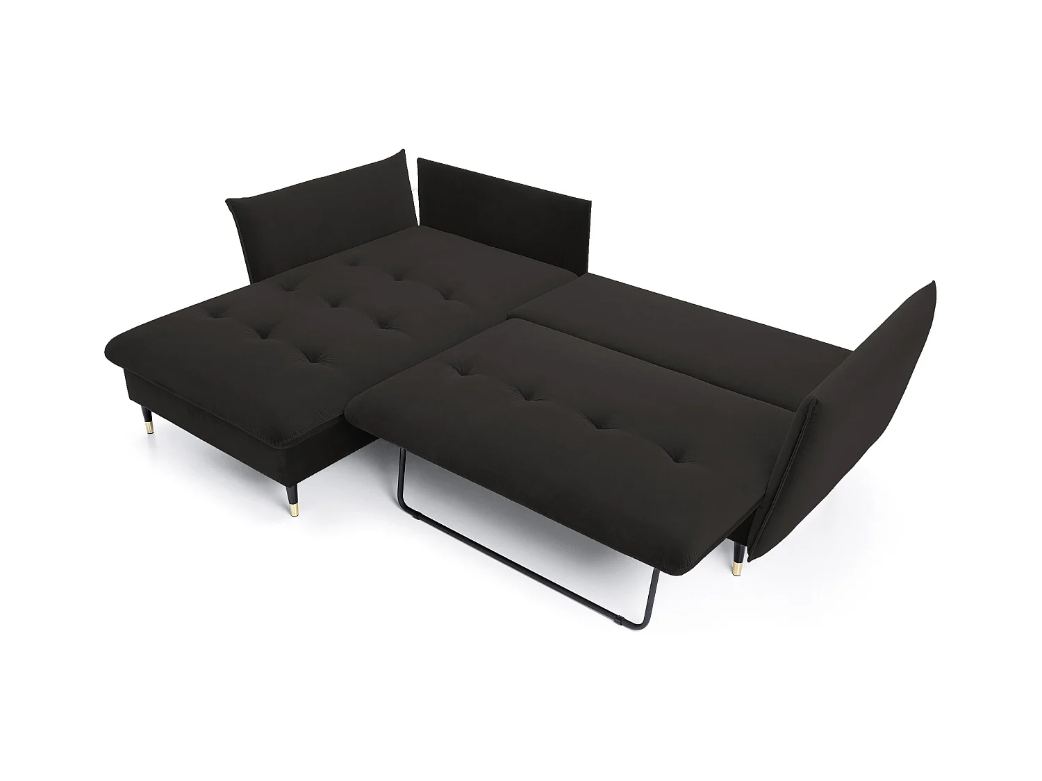 Canapé d'angle GLAM convertible, ottomane & pieds dorés – canapé en velours style glamour avec coussins déco, 258x167x91 cm, côté gauche NOIR