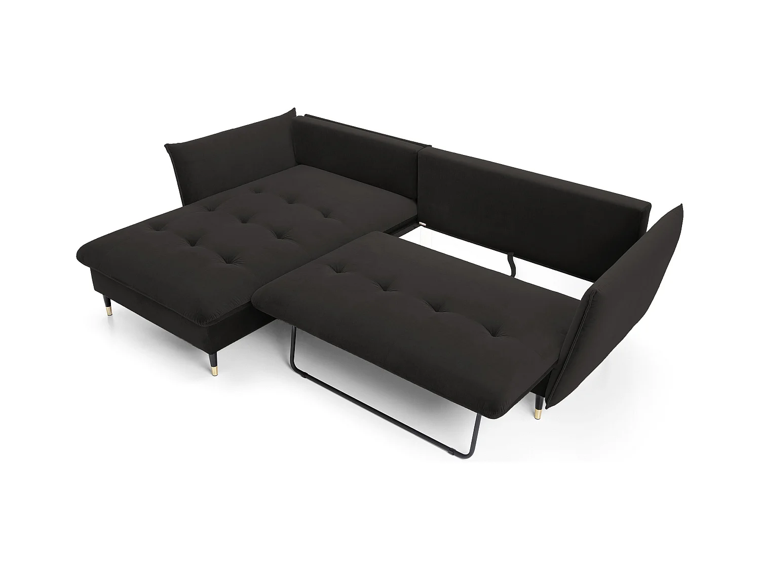 Canapé d'angle GLAM convertible, ottomane & pieds dorés – canapé en velours style glamour avec coussins déco, 258x167x91 cm, côté gauche NOIR