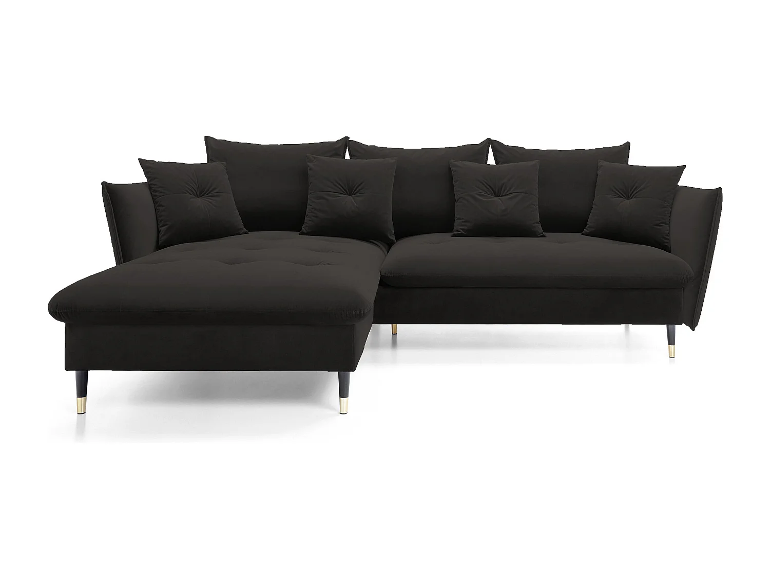 Canapé d'angle GLAM convertible, ottomane & pieds dorés – canapé en velours style glamour avec coussins déco, 258x167x91 cm, côté gauche NOIR