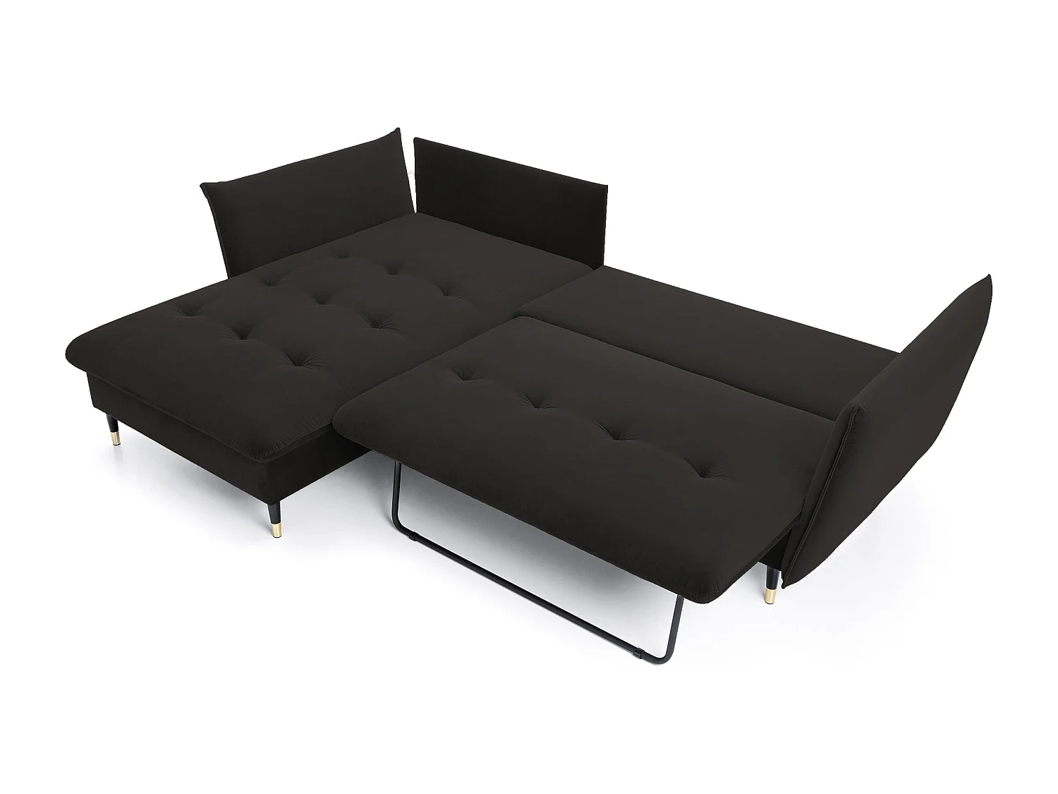 Canapé d'angle GLAM convertible, ottomane & pieds dorés – canapé en velours style glamour avec coussins déco, 258x167x91 cm, côté gauche NOIR