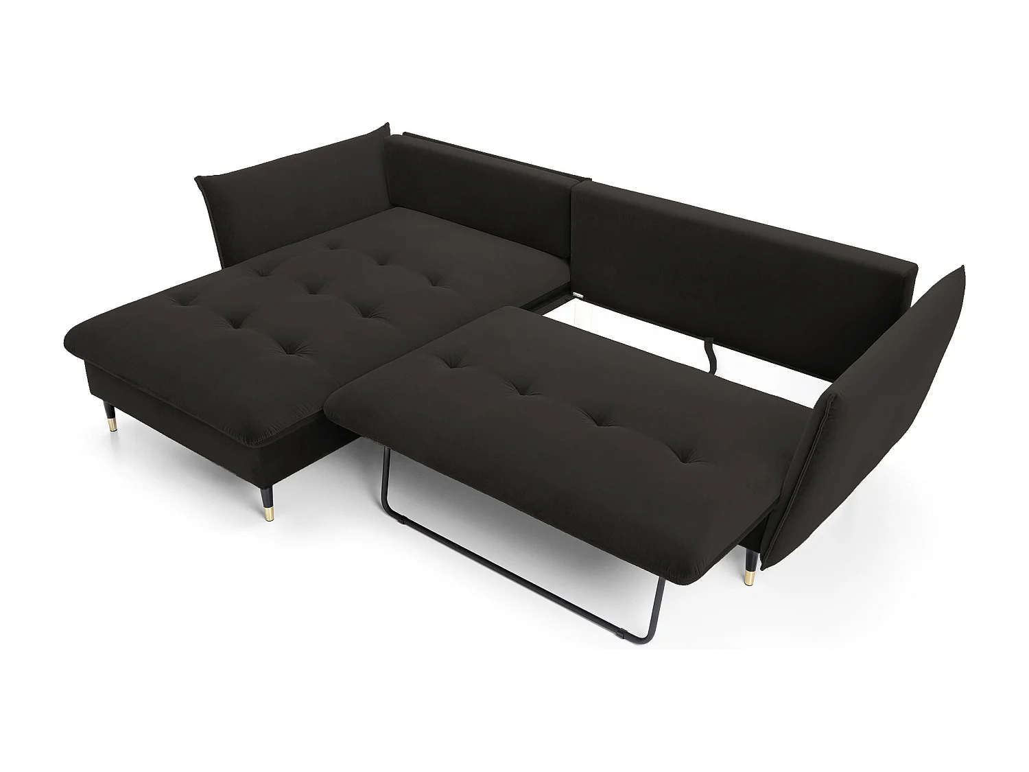 Canapé d'angle GLAM convertible, ottomane & pieds dorés – canapé en velours style glamour avec coussins déco, 258x167x91 cm, côté gauche NOIR