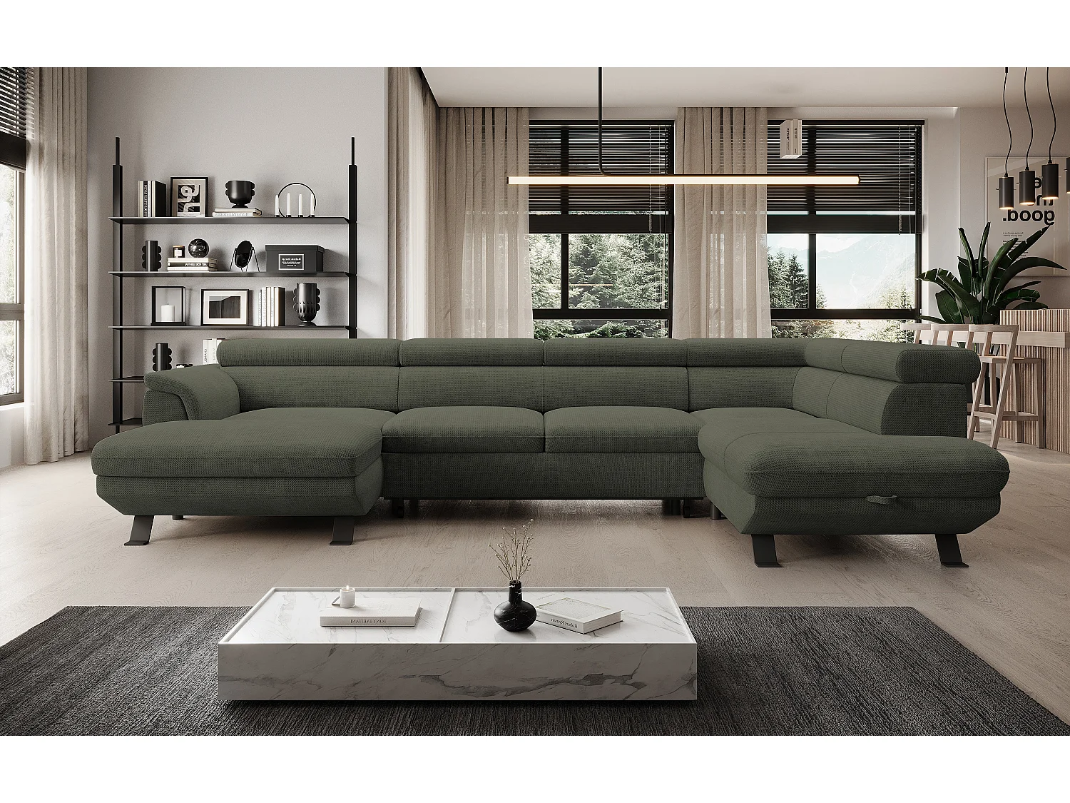 Canapé d'angle RAVEN XL convertible avec tiroir-lit, appuie-têtes réglables, coffre, 334x198x162cm, côté droit Taupe