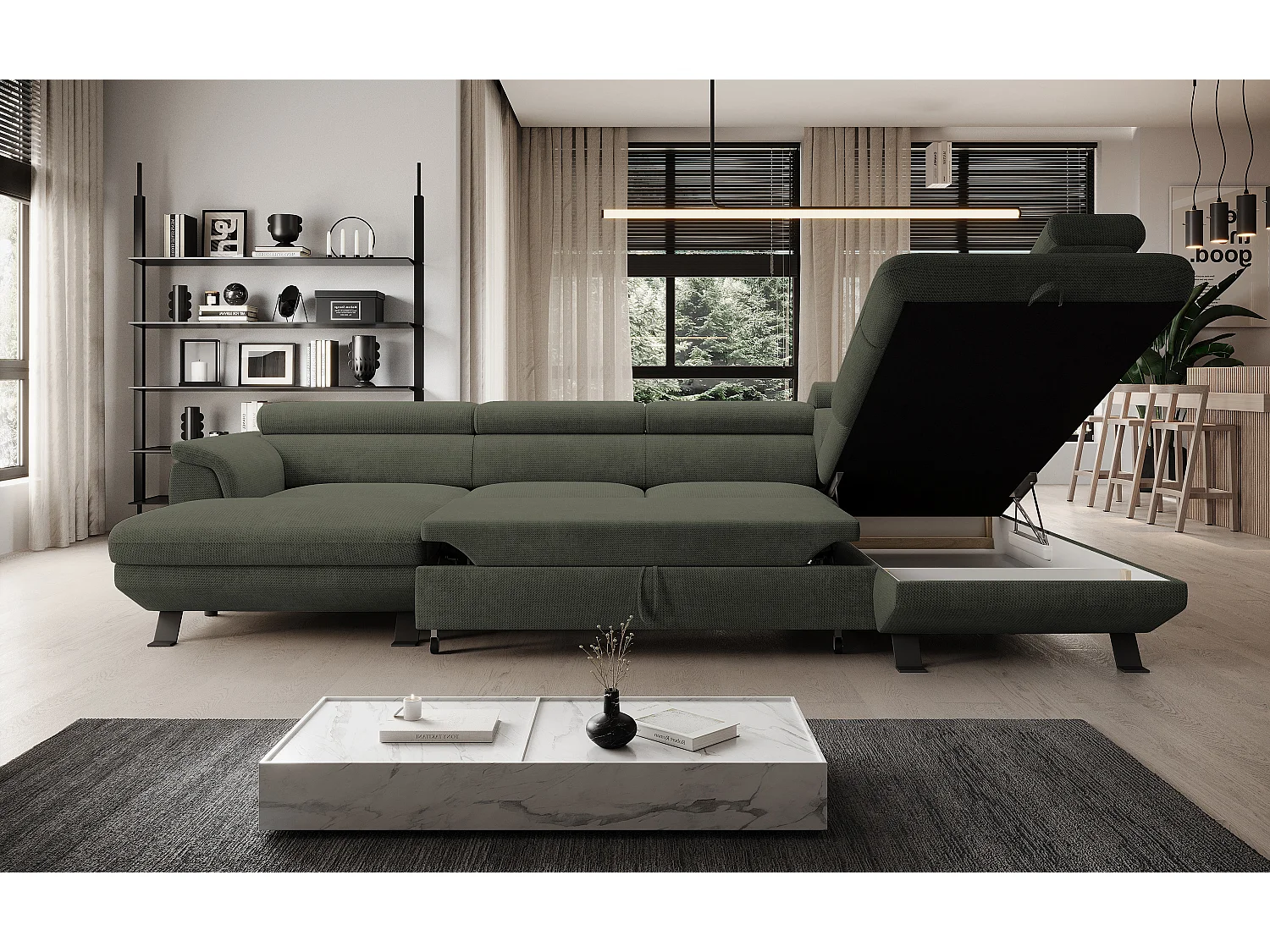 Canapé d'angle RAVEN XL convertible avec tiroir-lit, appuie-têtes réglables, coffre, 334x198x162cm, côté droit Taupe