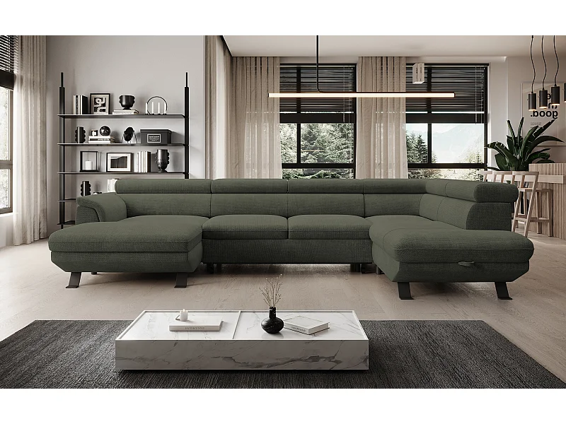 Canapé d'angle RAVEN XL convertible avec tiroir-lit, appuie-têtes réglables, coffre, 334x198x162cm, côté droit Taupe