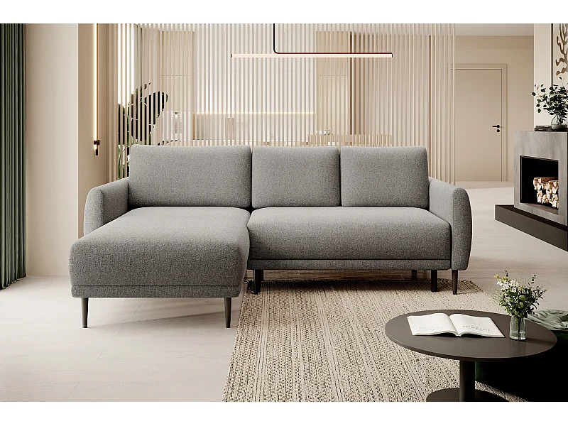 NAROŻNIK BONO Stylowa sofa z funkcją spania, Drewniane nóżki, Eleganckie podłokietniki, Głębokie siedzisko 226x164x88cm, Lewa strona szara