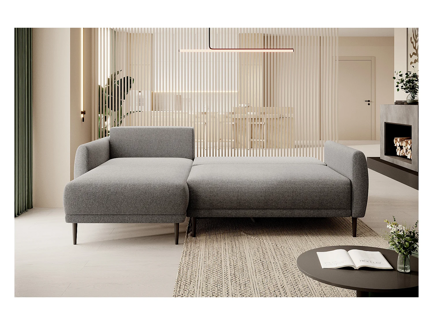 CANAPE BONO Canapé élégant avec fonction sommeil, Pieds en bois robustes, Accoudoirs élégants, Assise profonde 226x164x88cm, Côté gauche Gris