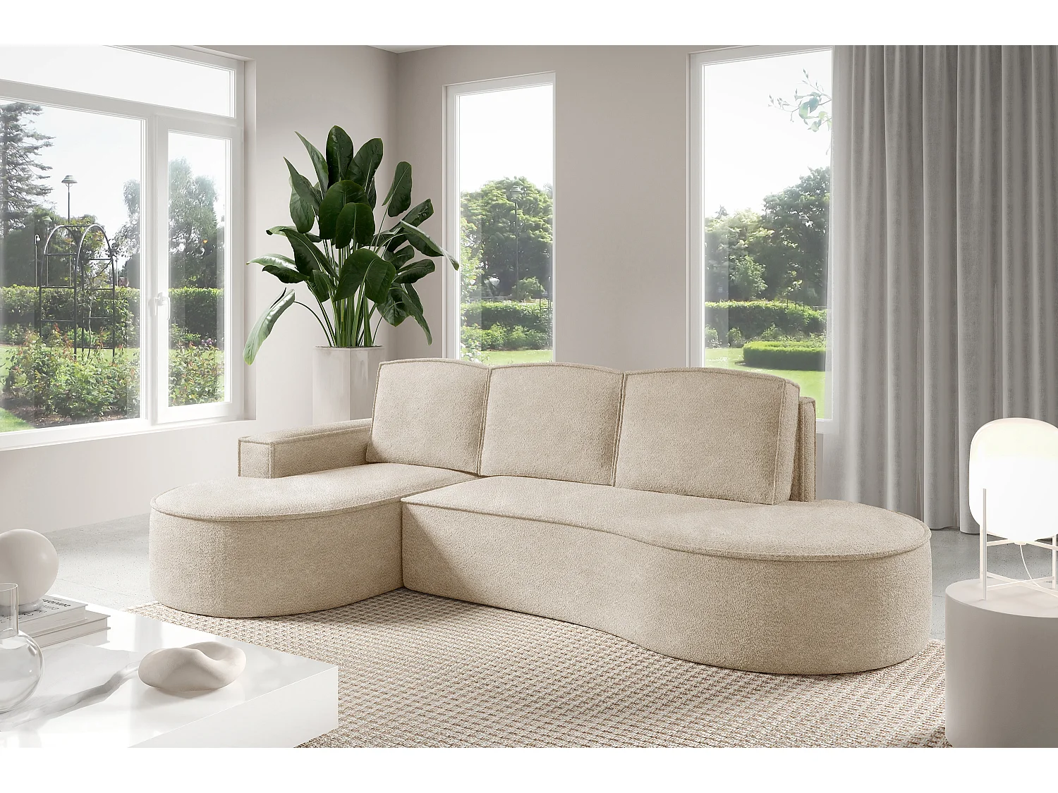 Canapé d'angle MOLLY avec couchage - Design arrondi, autoportant, 140x207 cm, 3 coussins, tissu Abriamo, 277x157x88 cm, côté gauche beige