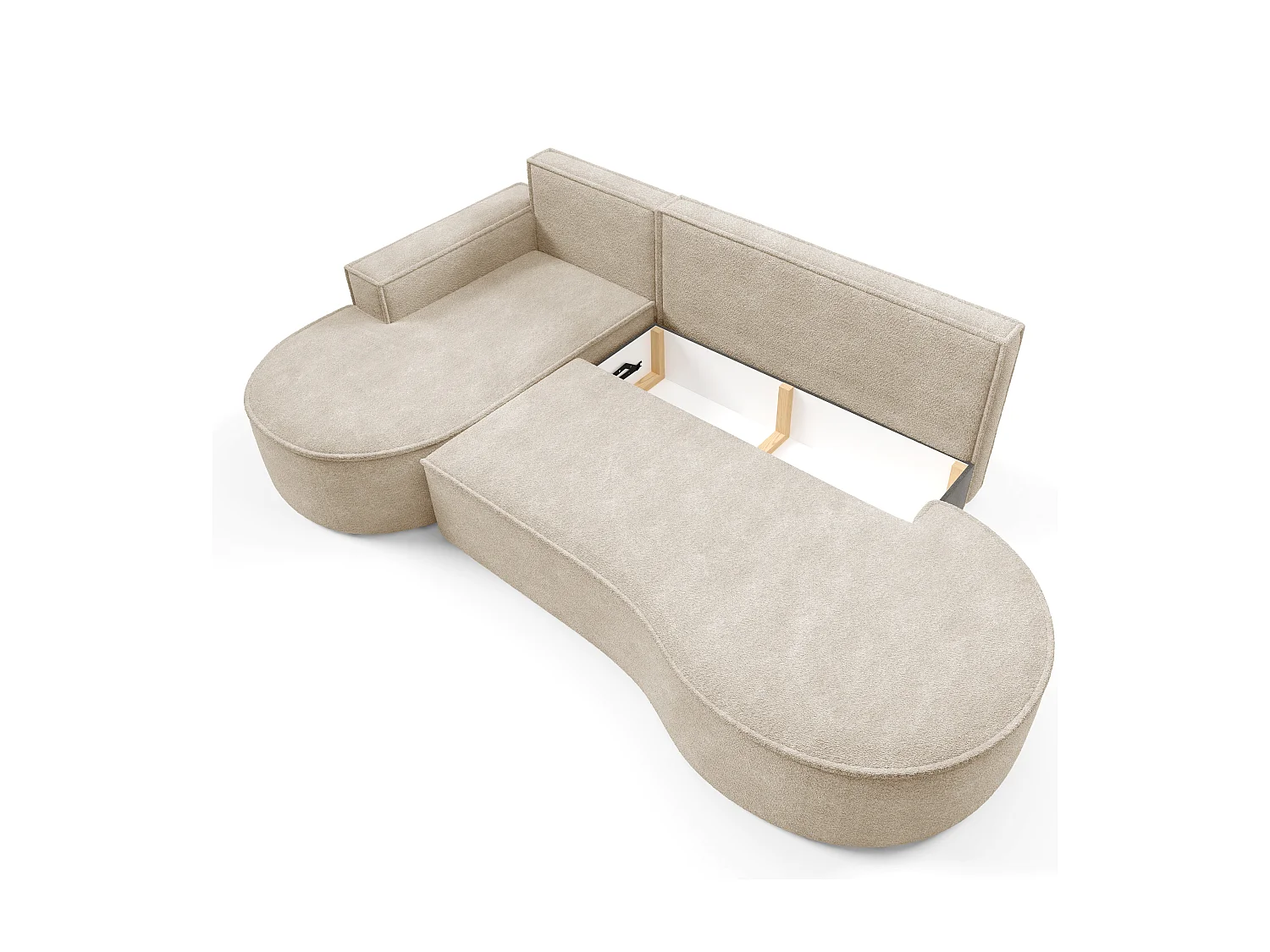 Canapé d'angle MOLLY avec couchage - Design arrondi, autoportant, 140x207 cm, 3 coussins, tissu Abriamo, 277x157x88 cm, côté gauche beige