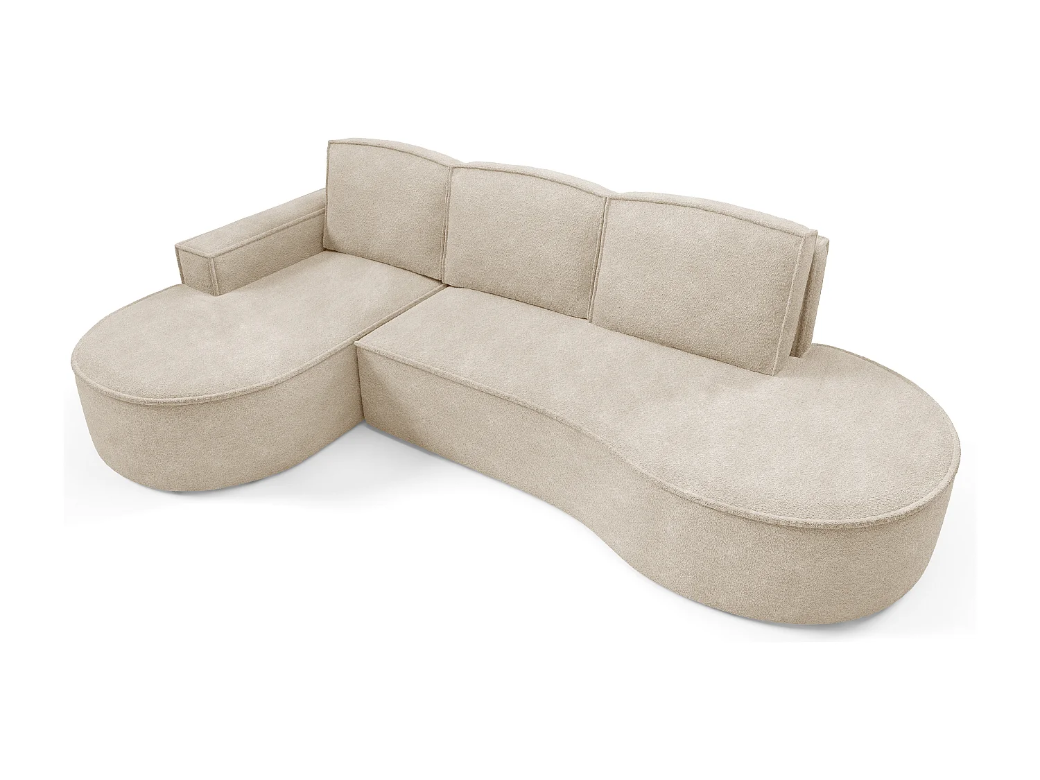 Canapé d'angle MOLLY avec couchage - Design arrondi, autoportant, 140x207 cm, 3 coussins, tissu Abriamo, 277x157x88 cm, côté gauche beige