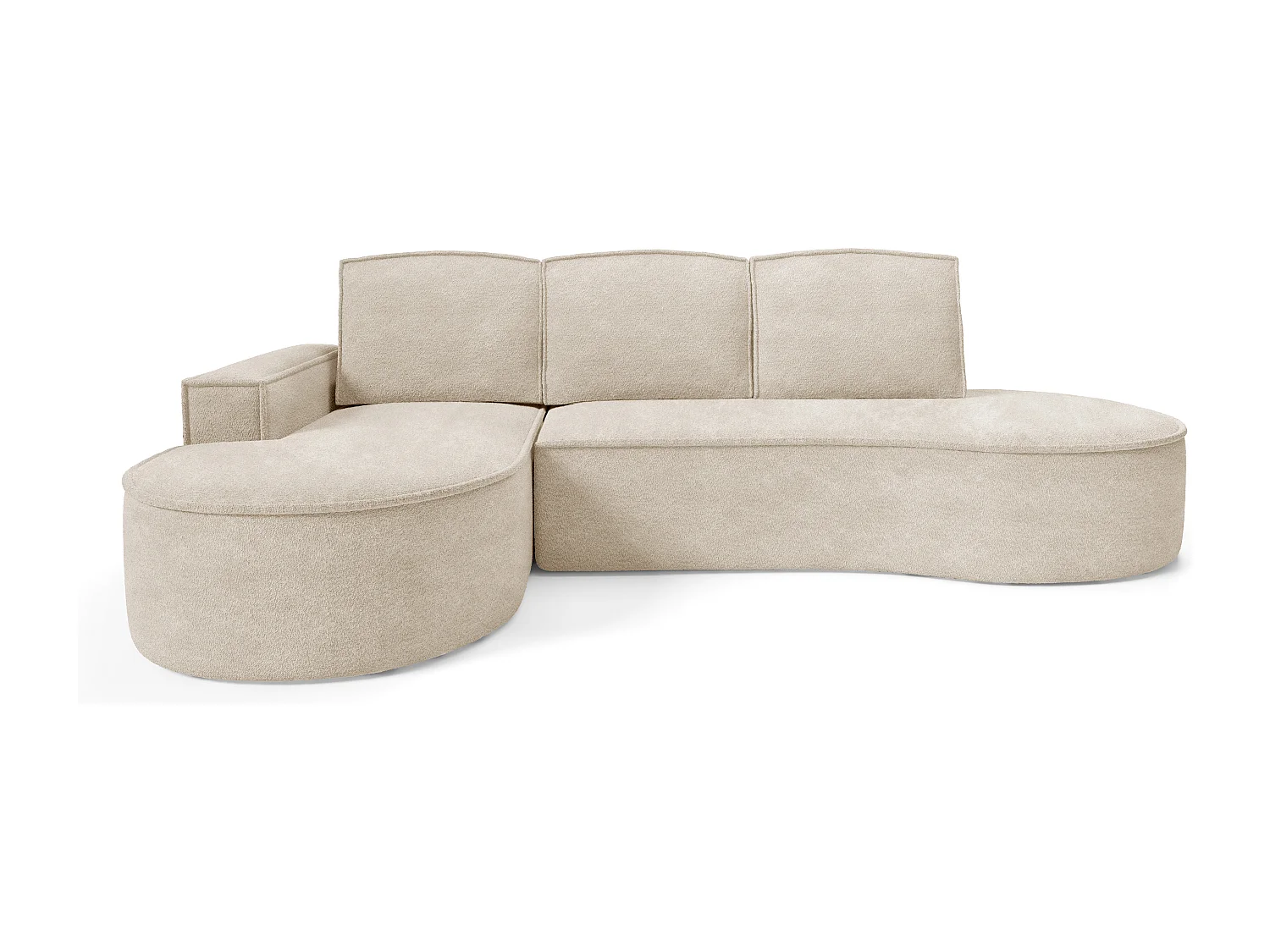 Canapé d'angle MOLLY avec couchage - Design arrondi, autoportant, 140x207 cm, 3 coussins, tissu Abriamo, 277x157x88 cm, côté gauche beige
