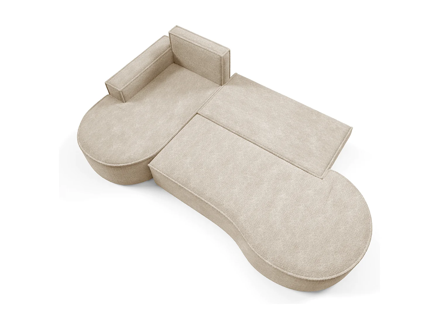 Canapé d'angle MOLLY avec couchage - Design arrondi, autoportant, 140x207 cm, 3 coussins, tissu Abriamo, 277x157x88 cm, côté gauche beige