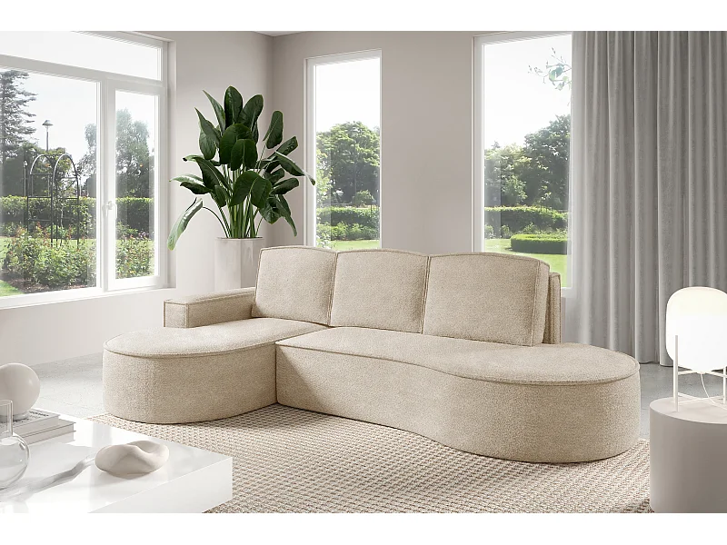 Canapé d'angle MOLLY avec couchage - Design arrondi, autoportant, 140x207 cm, 3 coussins, tissu Abriamo, 277x157x88 cm, côté gauche beige