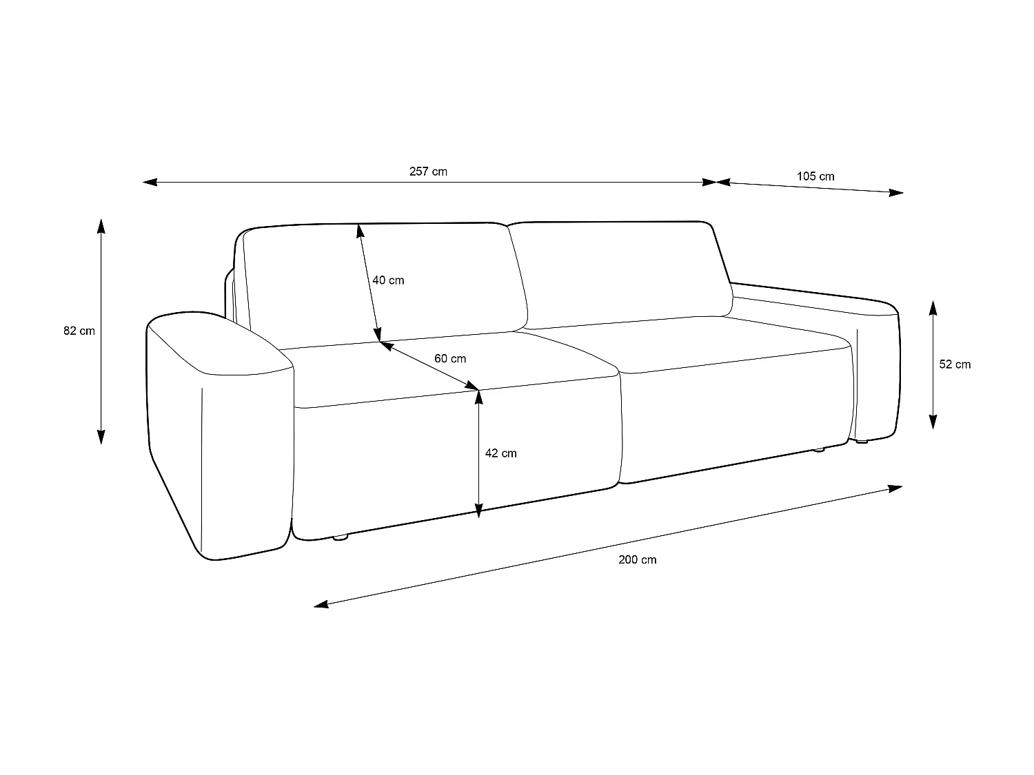 Sofa 4-osobowa, wolnostojąca, pojemnik na pościel, tapicerka pianka PUR, tkanina Raven, funkcja spania: 120x200cm, rozmiar: 257x82x105cm, Gołębi