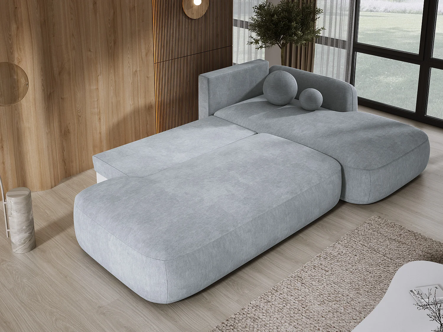 Canapé d'angle BABU avec lit – Sofa convertible moderne CLOUD, 300x105x60cm, côté droit, Gris clair