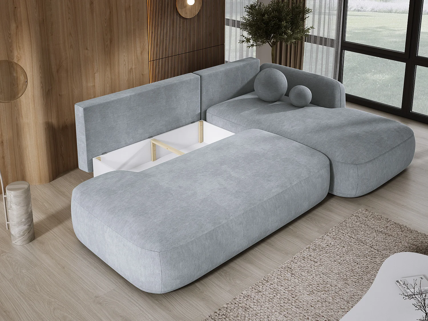 Canapé d'angle BABU avec lit – Sofa convertible moderne CLOUD, 300x105x60cm, côté droit, Gris clair