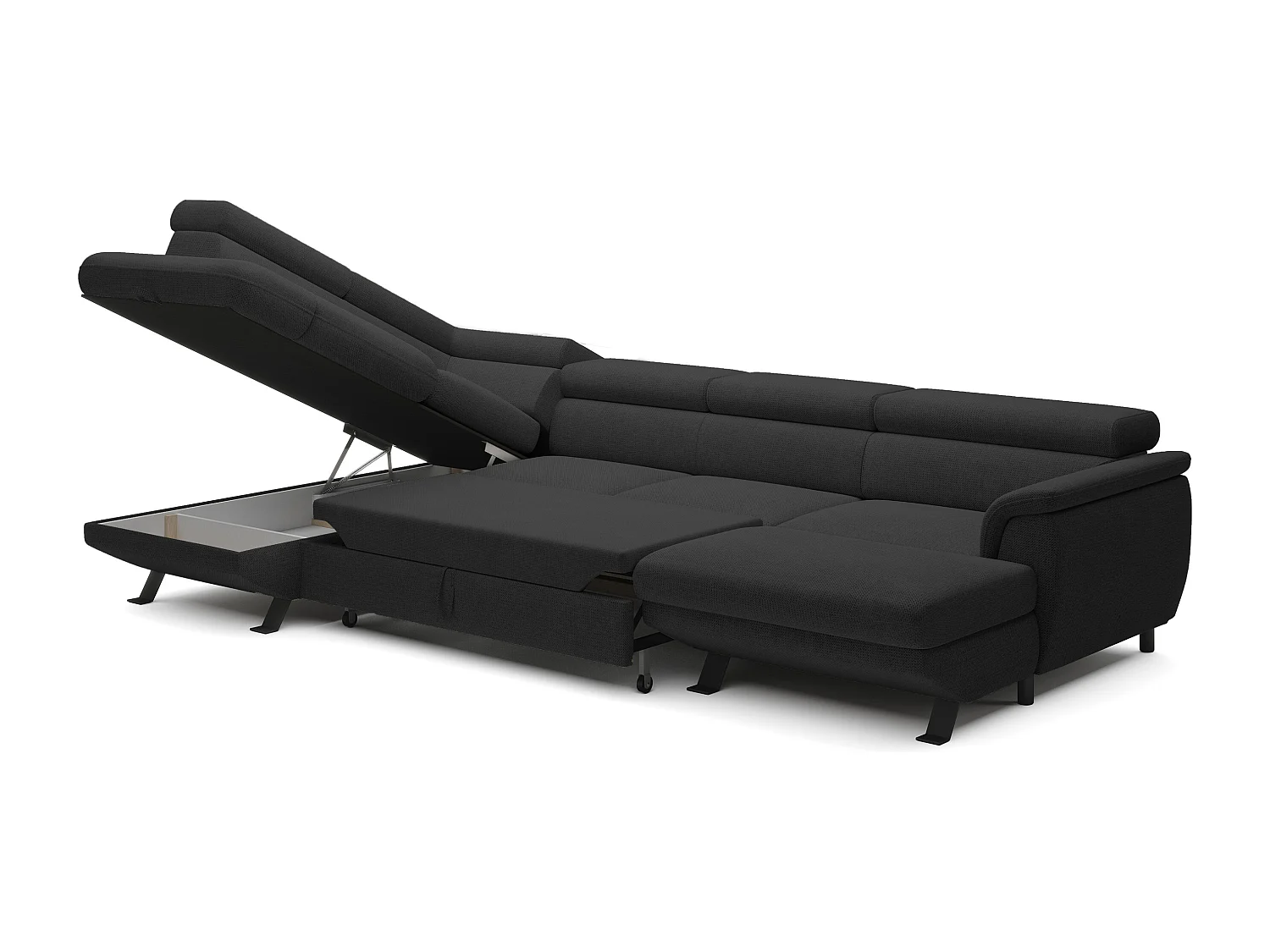 ECKSOFA RAVEN XL Eckcouch mit Schlaffunktion mit Ausziehbett, Verstellbaren Kopfstützen, Bettkasten, Großes Sofa 334x198x162cm Linke Seite Anthrazit