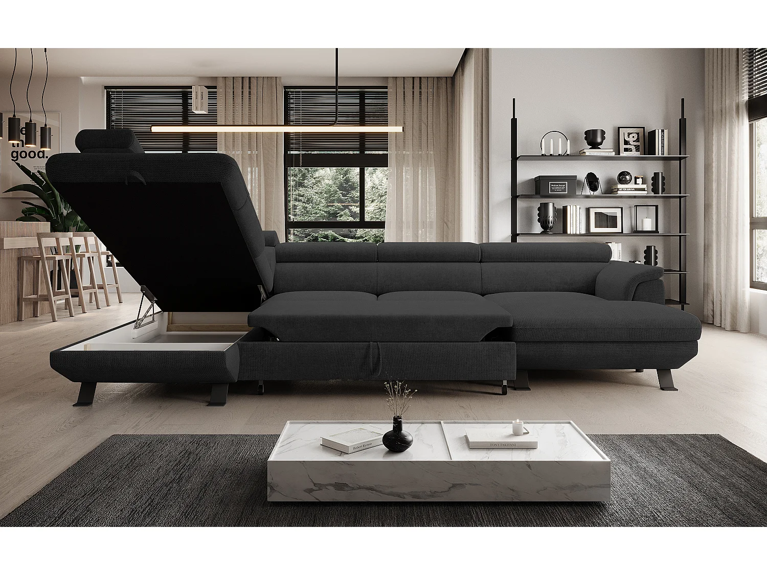 Canapé d'angle RAVEN XL convertible avec tiroir-lit, appuie-têtes réglables, coffre, 334x198x162cm, côté gauche Anthracite