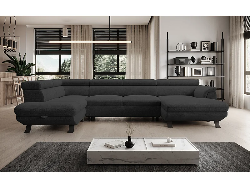 Narożnik RAVEN XL z funkcją spania, wysuwanym łóżkiem, regulowanymi zagłówkami, pojemnikiem, 334x198x162cm, lewy, antracyt