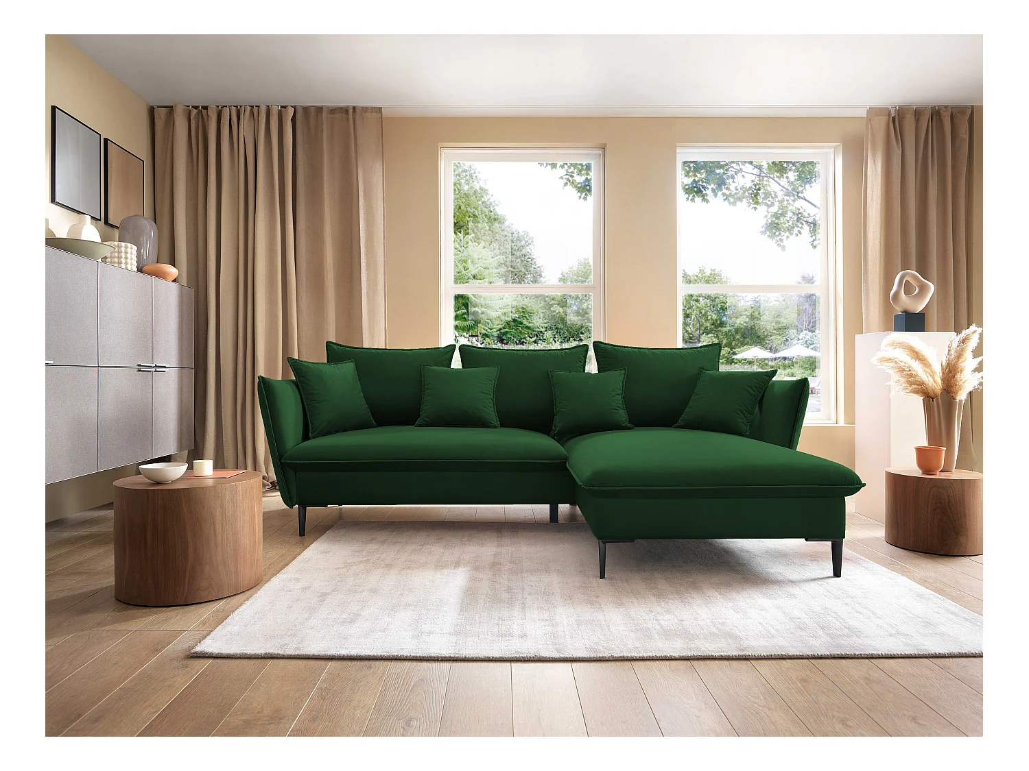Canapé d'angle GLOSS convertible, ottomane & pieds dorés – canapé en velours style GLOSSour avec coussins déco, 258x167x91 cm, côté droit BORDEAUX