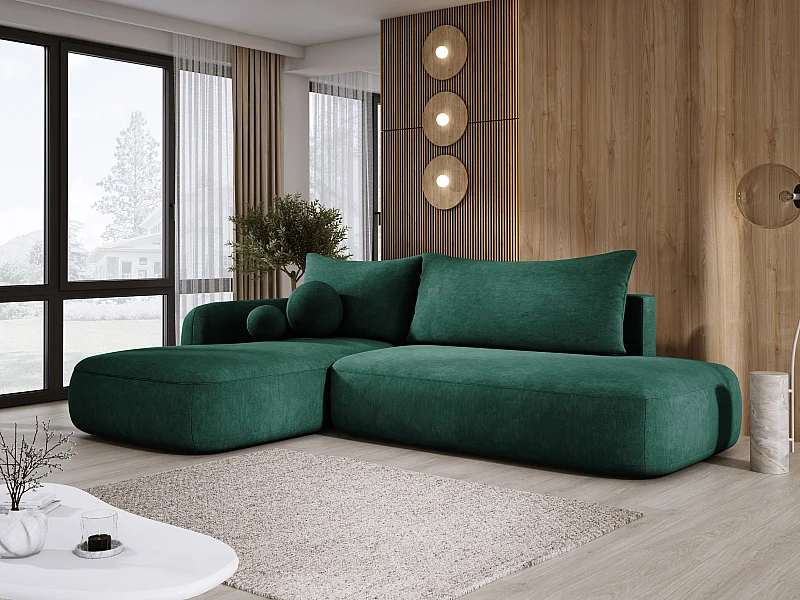 Canapé d'angle BABU avec lit – Sofa convertible moderne CLOUD, 300x105x60cm, côté gauche, Vert