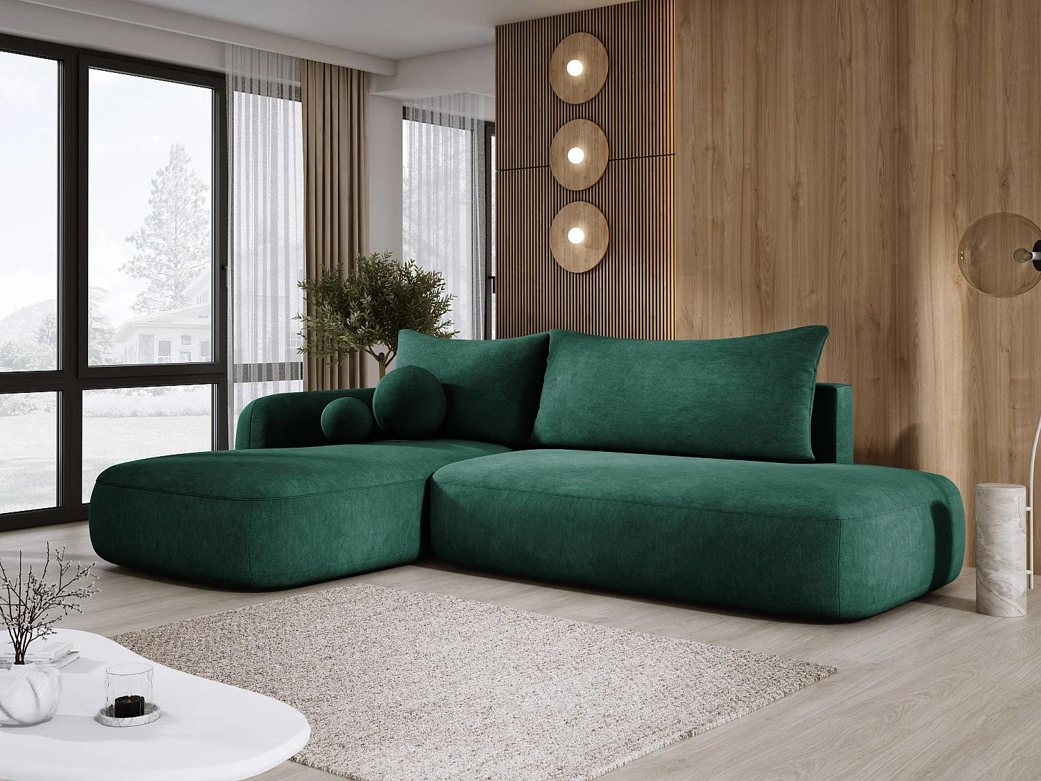 Narożnik BABU z funkcją spania – nowoczesna sofa do salonu, materiał CLOUD, 300x105x60 cm, lewa strona, Zielony