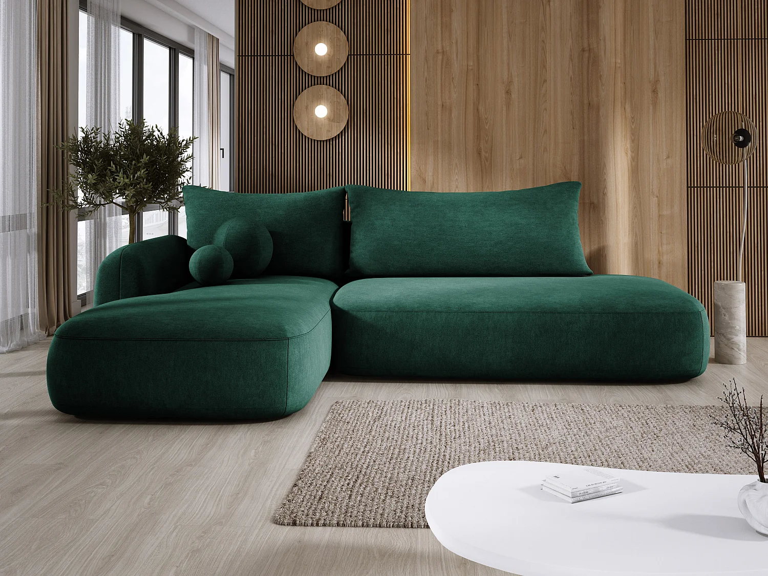 Narożnik BABU z funkcją spania – nowoczesna sofa do salonu, materiał CLOUD, 300x105x60 cm, lewa strona, Zielony