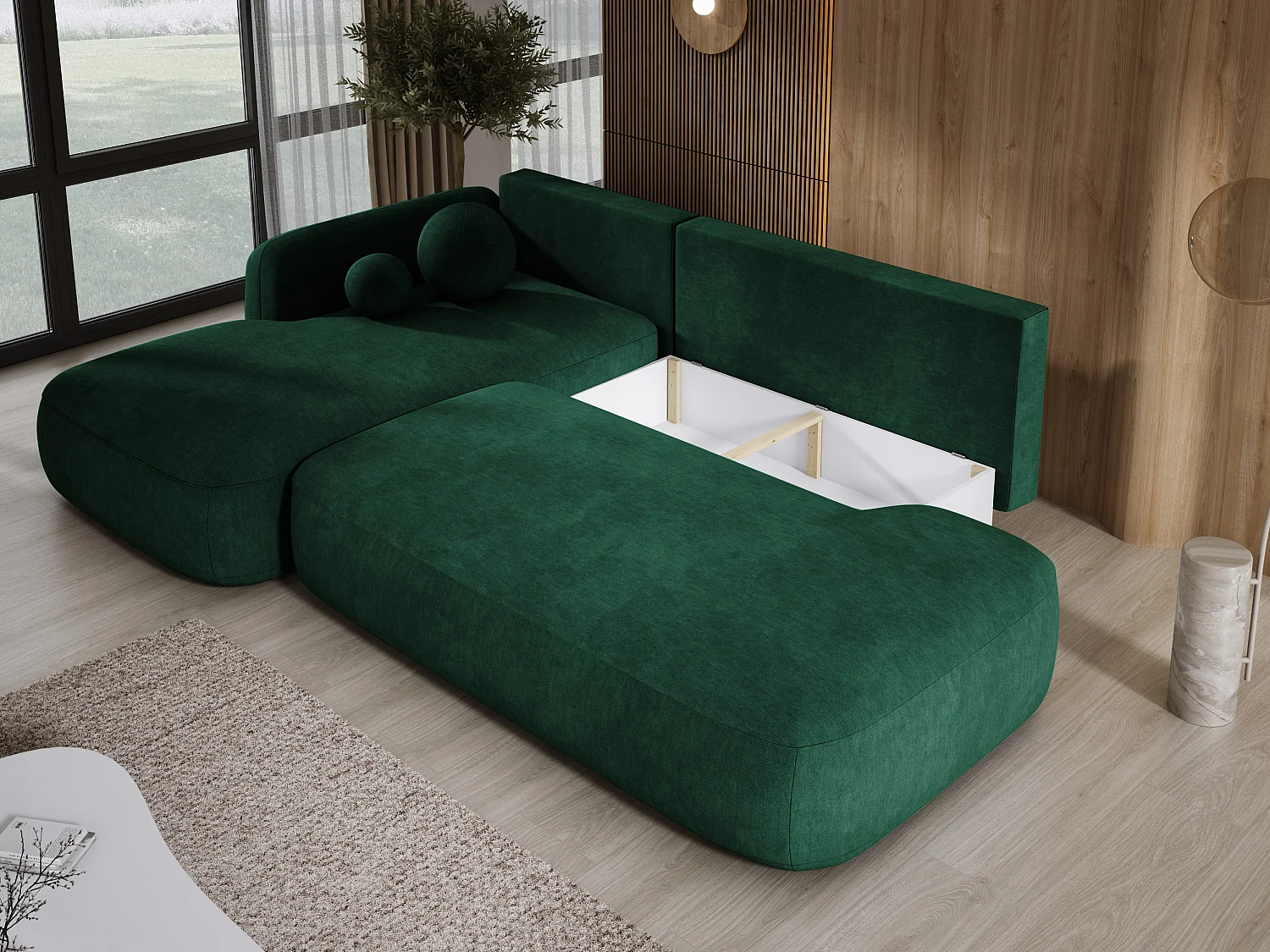 Canapé d'angle BABU avec lit – Sofa convertible moderne CLOUD, 300x105x60cm, côté gauche, Vert