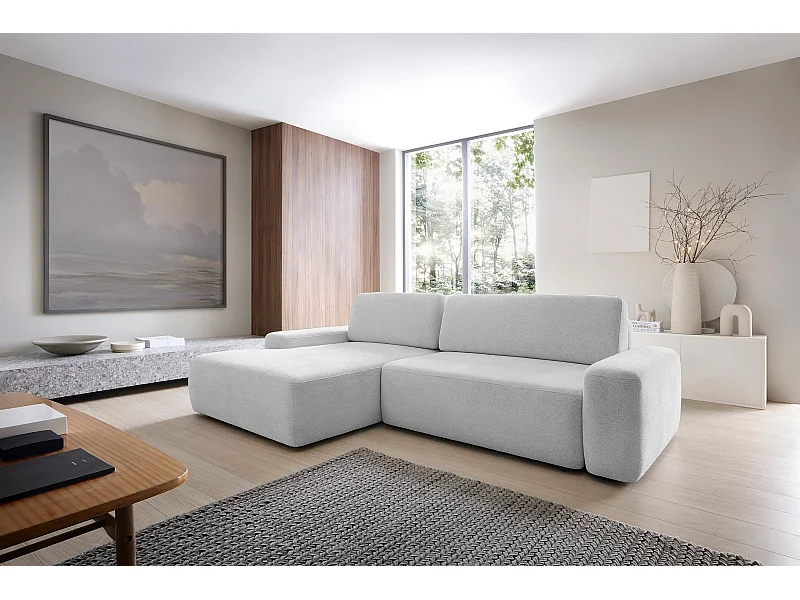 Canapé d’angle BOULI 4 places Raven, couchage 130x210cm, coffre, 264x162x82cm, gauche gris clair