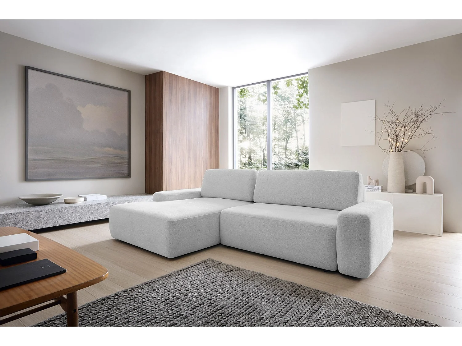 Canapé d’angle BOULI 4 places Raven, couchage 130x210cm, coffre, 264x162x82cm, gauche gris clair