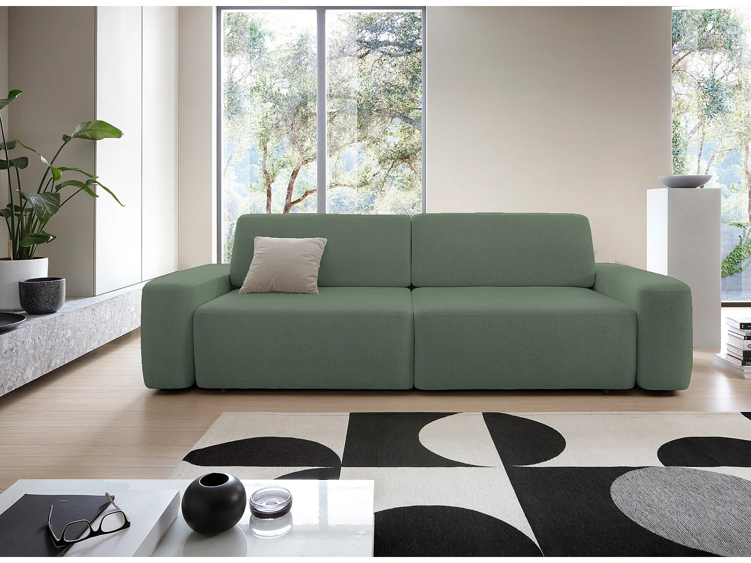 Canapé 4 places, indépendant, coffre, mousse PUR, tissu Raven, couchage 120x200cm, taille 257x82x105cm, Vert