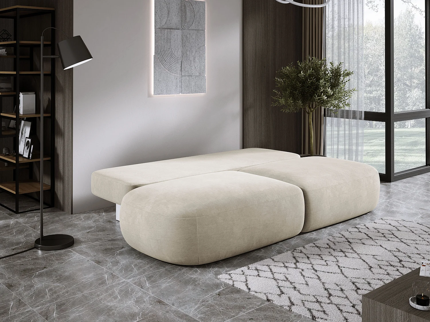 Moderne slaapbank BABU met opbergruimte, slaapfunctie, DL-Automat, 2 rugkussens, 2 sierkussens, 240x90x90 cm Beige