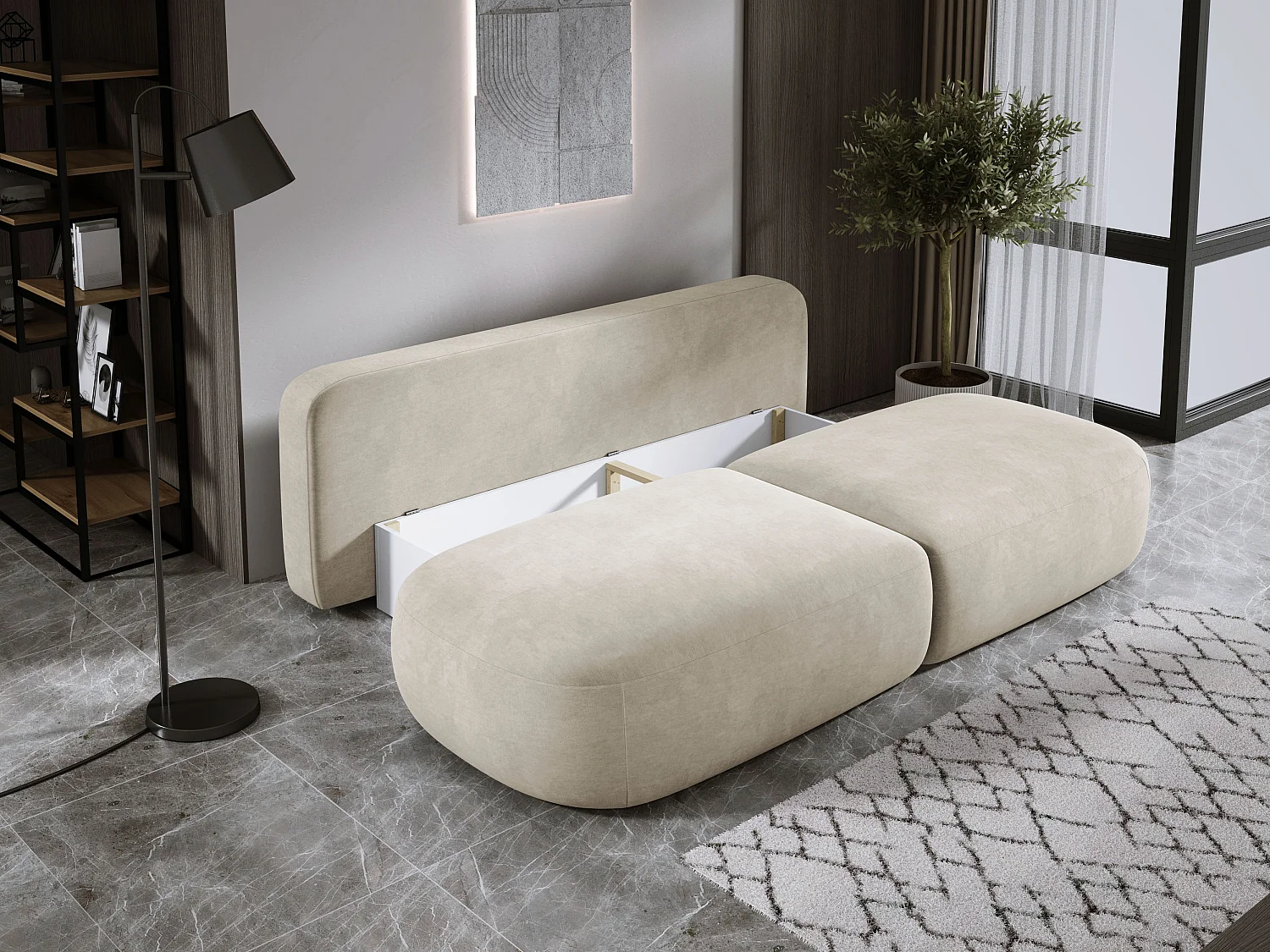 Moderne slaapbank BABU met opbergruimte, slaapfunctie, DL-Automat, 2 rugkussens, 2 sierkussens, 240x90x90 cm Beige