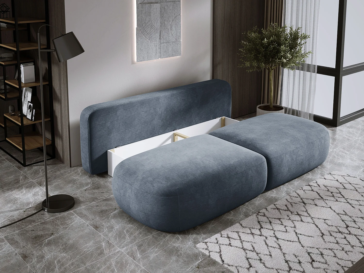 Schlafsofa Moderne  BABU mit Schlaffunktion – 3-Sitzer Sofa mit Bettkasten, DL-Automat, 2 Rückenkissen, 2 Zierkissen, 240x90x90 cm Dunkelgrau