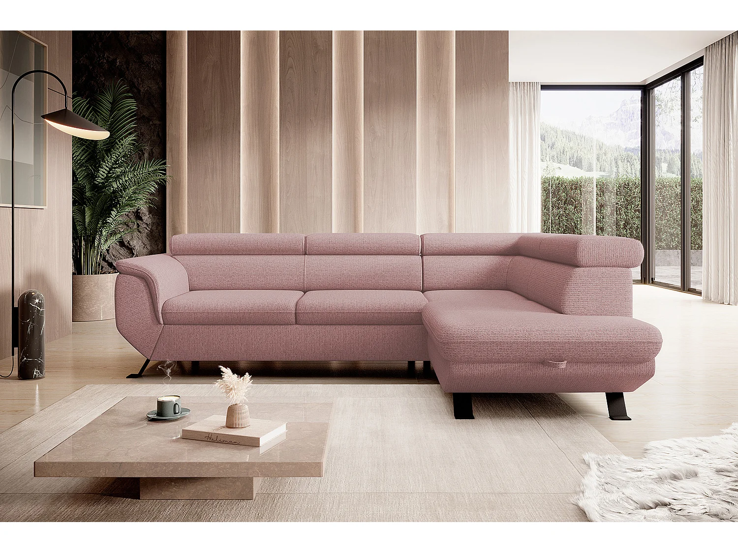 Canapé RAVEN L avec fonction de couchage, compartiment à literie, indépendant, rembourré avec têtières réglables 257x198x96 cm Côté droit Rose poudré