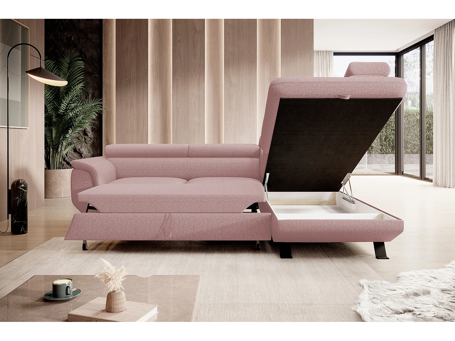 Canapé RAVEN L avec fonction de couchage, compartiment à literie, indépendant, rembourré avec têtières réglables 257x198x96 cm Côté droit Rose poudré