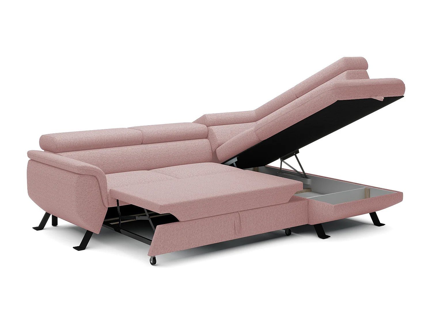 Canapé RAVEN L avec fonction de couchage, compartiment à literie, indépendant, rembourré avec têtières réglables 257x198x96 cm Côté droit Rose poudré