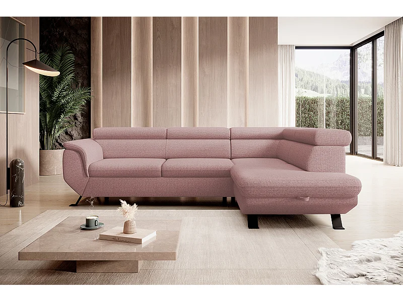 Canapé RAVEN L avec fonction de couchage, compartiment à literie, indépendant, rembourré avec têtières réglables 257x198x96 cm Côté droit Rose poudré