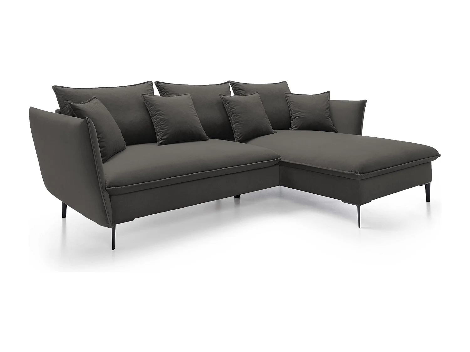 Canapé d'angle GLOSS convertible, ottomane & pieds dorés – canapé en velours style GLOSSour avec coussins déco, 258x167x91 cm, côté droit NOIR