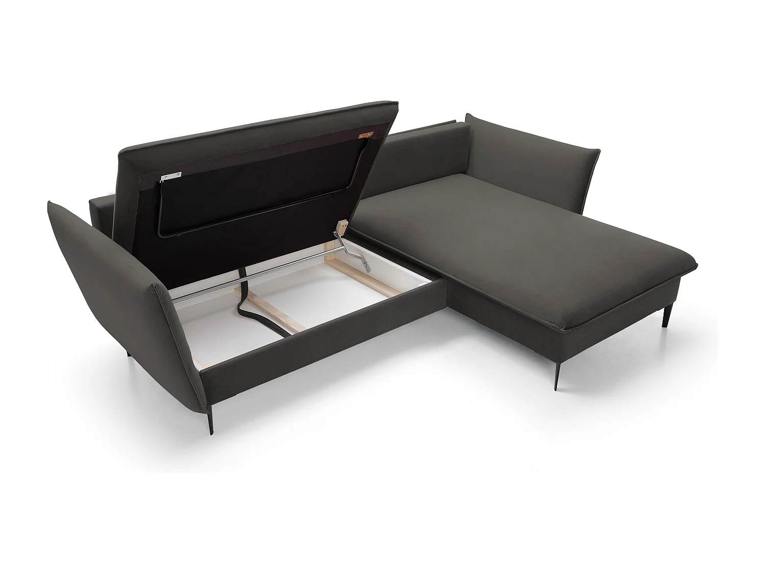 Canapé d'angle GLOSS convertible, ottomane & pieds dorés – canapé en velours style GLOSSour avec coussins déco, 258x167x91 cm, côté droit NOIR