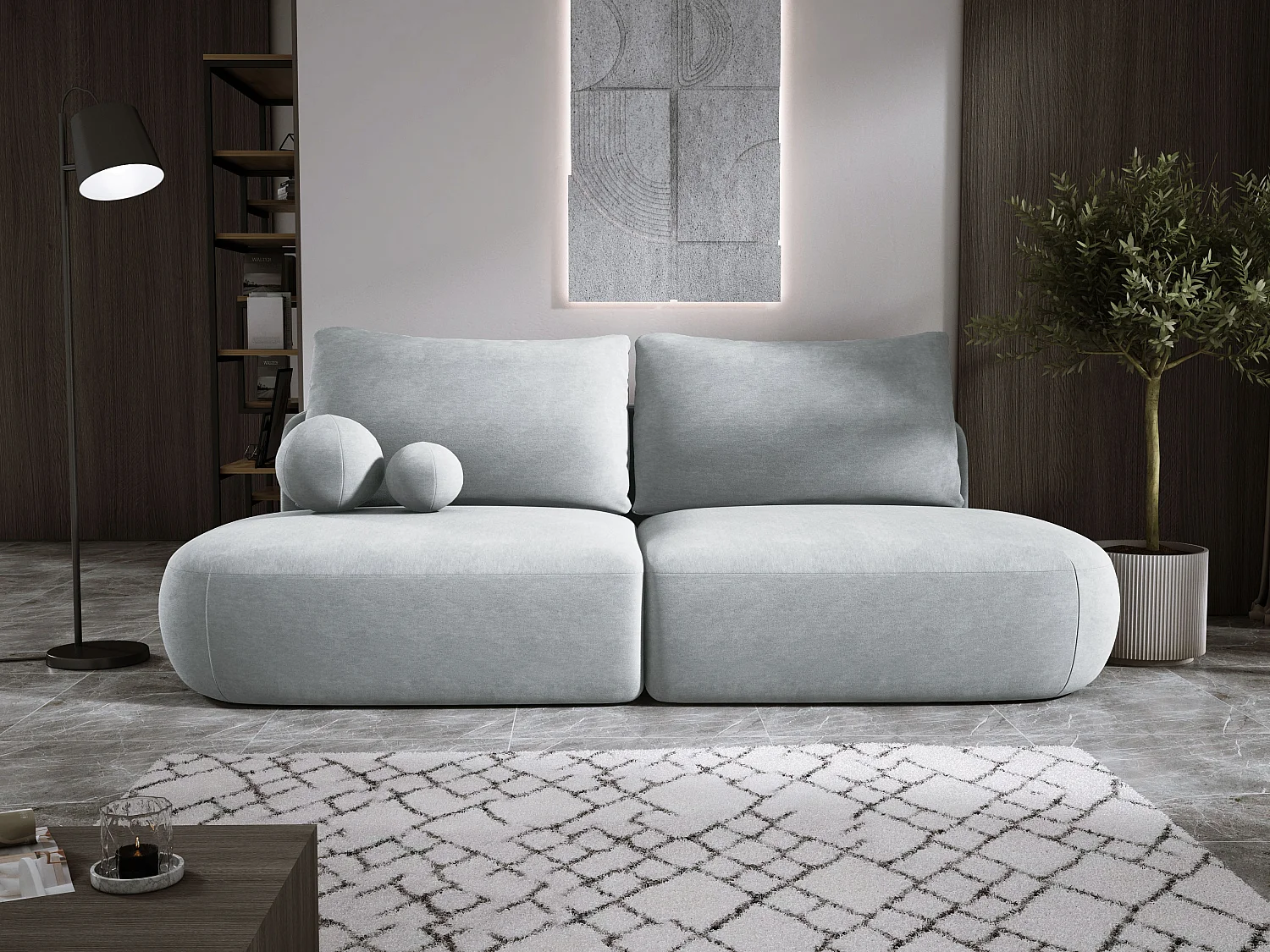 Sofa BABU nowoczesna, funkcja spania – Sofa 3-osobowa z pojemnikiem na pościel, DL-Automatic, 2 poduszki, 240x90x90 cm Srebrna