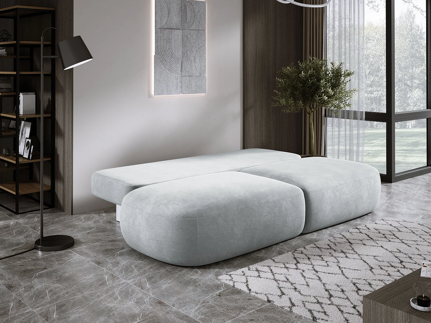 Canapé-lit moderne BABU avec coffre, fonction sommeil, DL-Automat, 2 coussins dossier, 2 coussins déco, 240x90x90 cm Argent