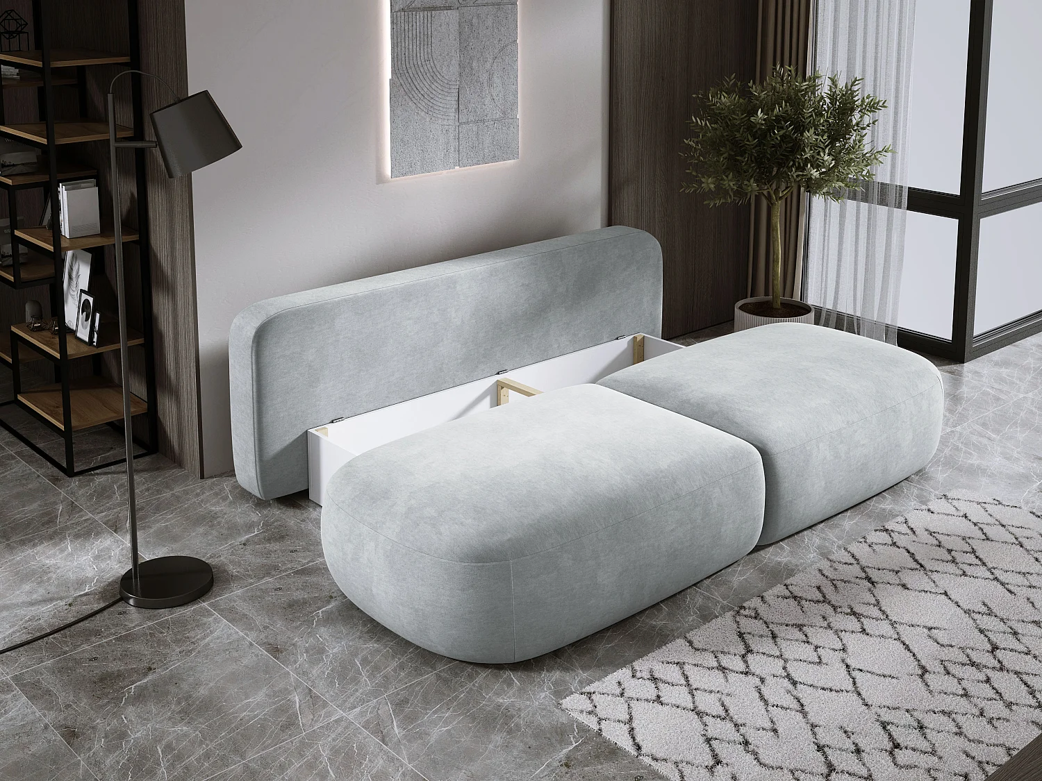 Canapé-lit moderne BABU avec coffre, fonction sommeil, DL-Automat, 2 coussins dossier, 2 coussins déco, 240x90x90 cm Argent