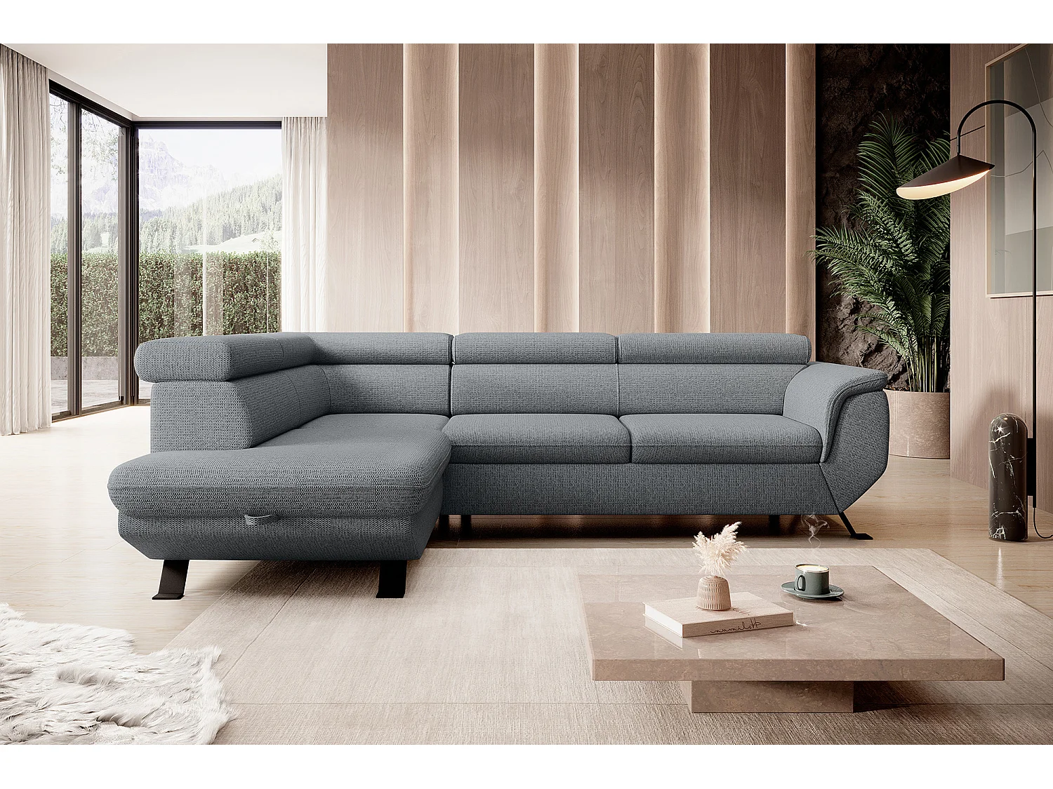 ECKSOFA RAVEN L mit Schlaffunktion und Bettkasten, Freistehend, Polstersofa mit Verstellbaren Kopfstützen, 257x198x96 cm, Linke Seite, Grau