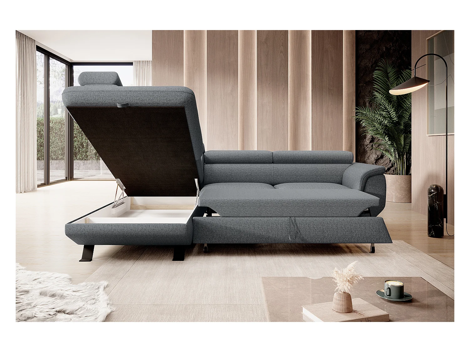 Canapé RAVEN L avec fonction de couchage, compartiment à literie, indépendant, rembourré avec têtières réglables 257x198x96 cm Côté gauche Gris